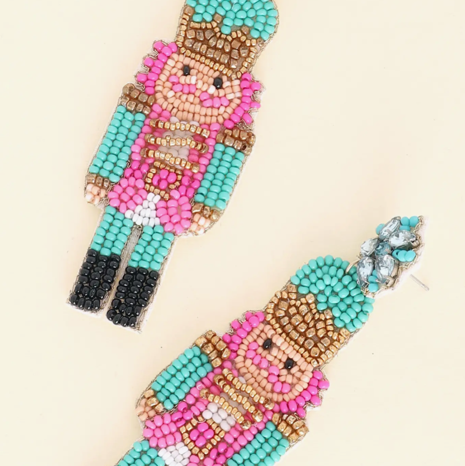 The Canton Christmas Shop Pink and Turquoise Nutcracker Soldier Seed Bead Beaded Earrings Ballet performing arts