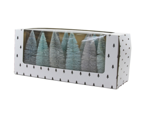 The Canton Christmas Shop Bottlebrush Trees set of 12 in winter blues in snowy forest