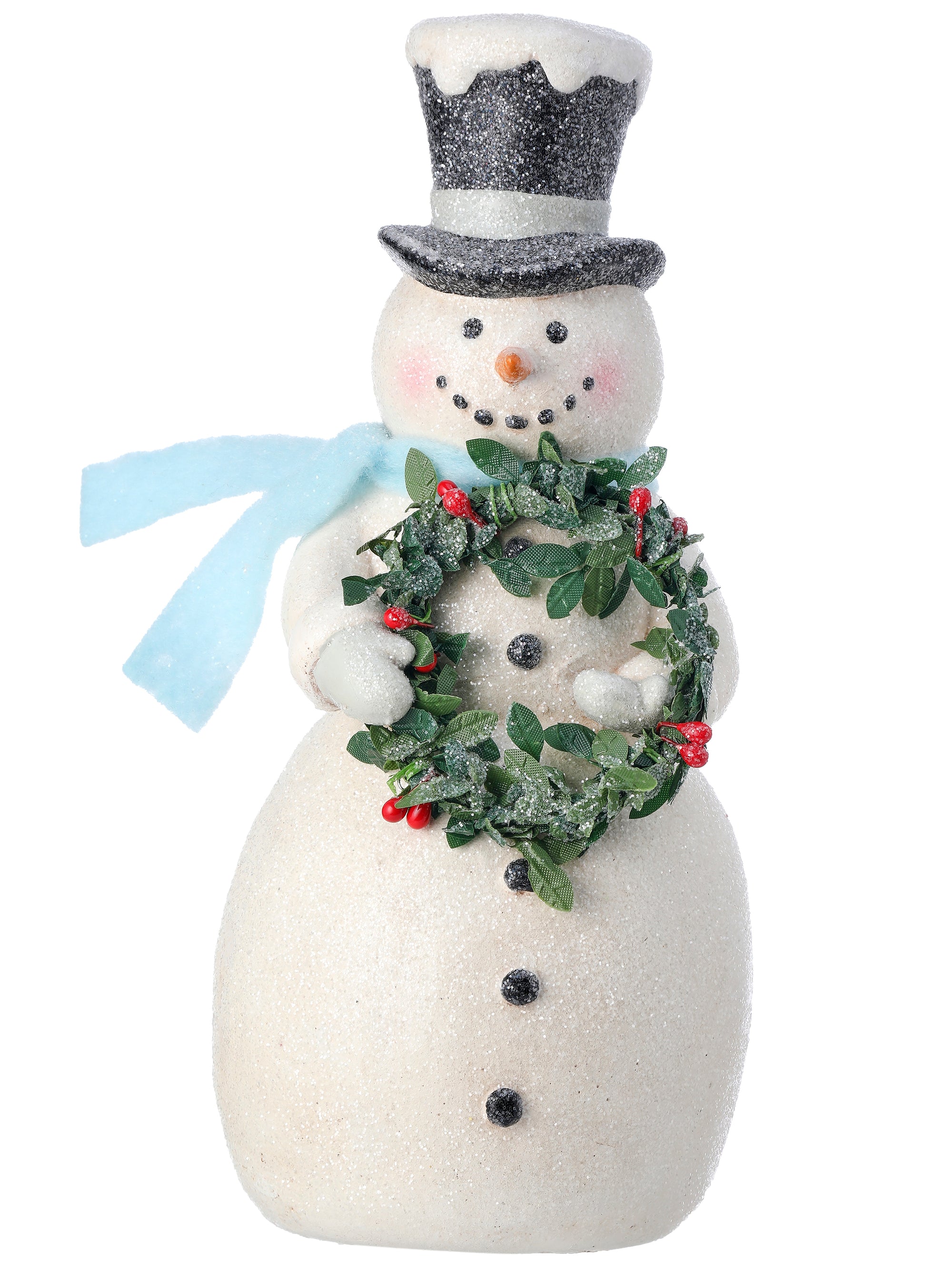 The Canton Christmas Shop 8.5 inch glittery snowman with wreath Christmas Snow Blue Winter Figurine in forest with animals