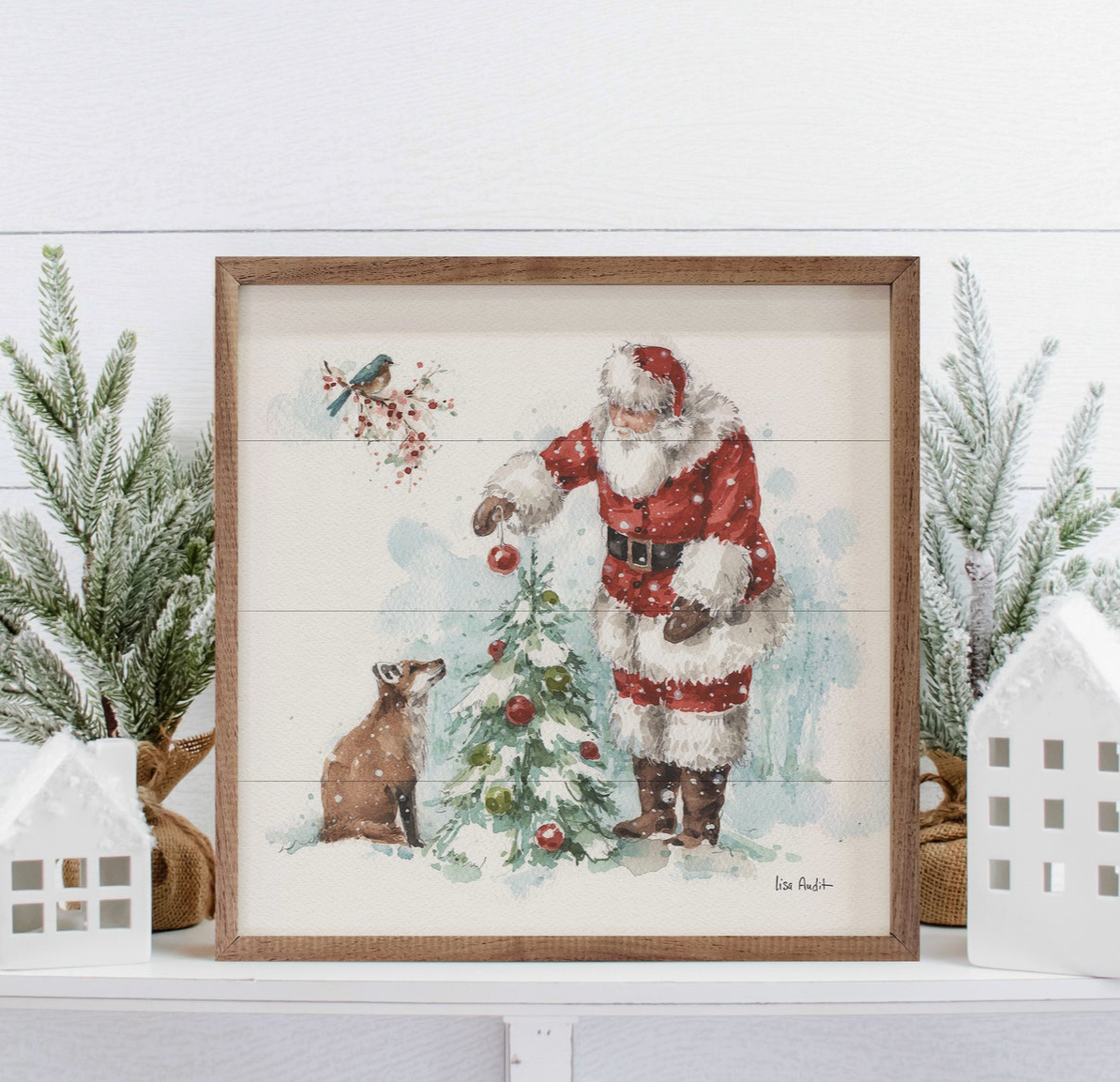 The Canton Christmas Shop Woodland Christmas with Santa Wall Art featuring Santa decorating Christmas tree fox and bluebird with snowy woods