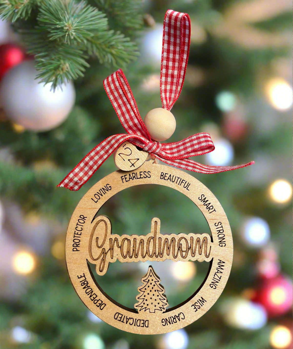 The Canton Christmas Shop Personalized 2024 Custom Ornament Wood Custom 2024 Grandmom Loving Fearless Beautiful Smart Strong Amazing Wise Caring