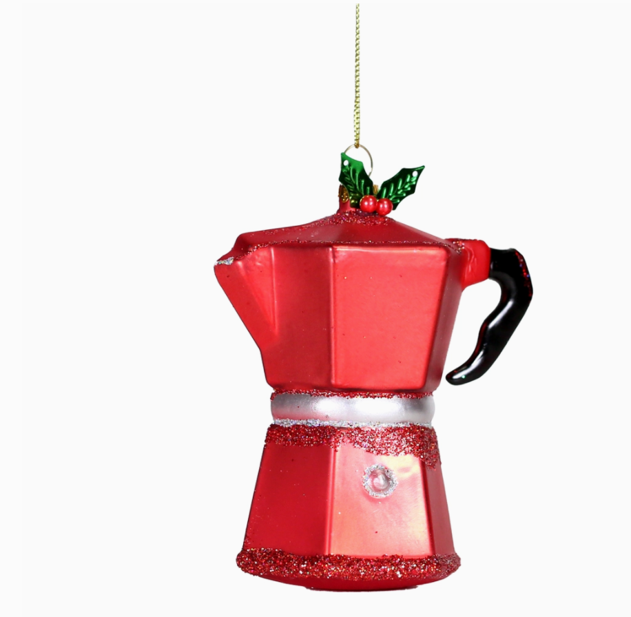 The Canton Christmas Shop Espresso Maker Coffee Pot Glass Ornament on white background