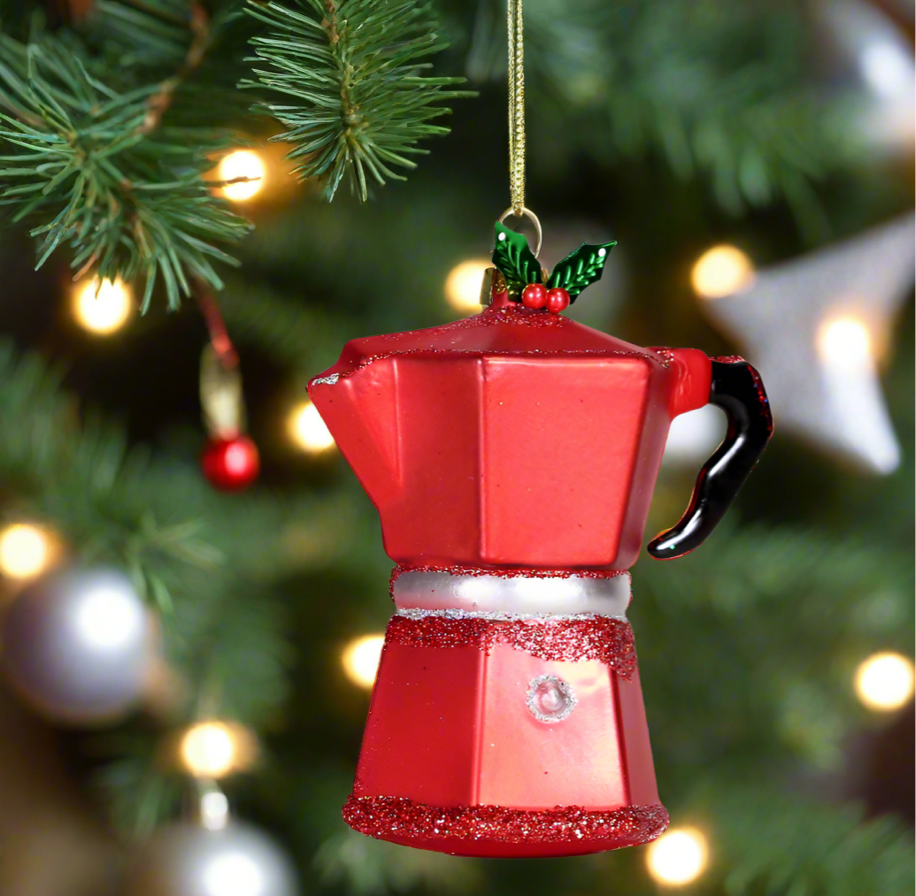 The Canton Christmas Shop Espresso Maker Glass Ornament Hanging on a christmas tree