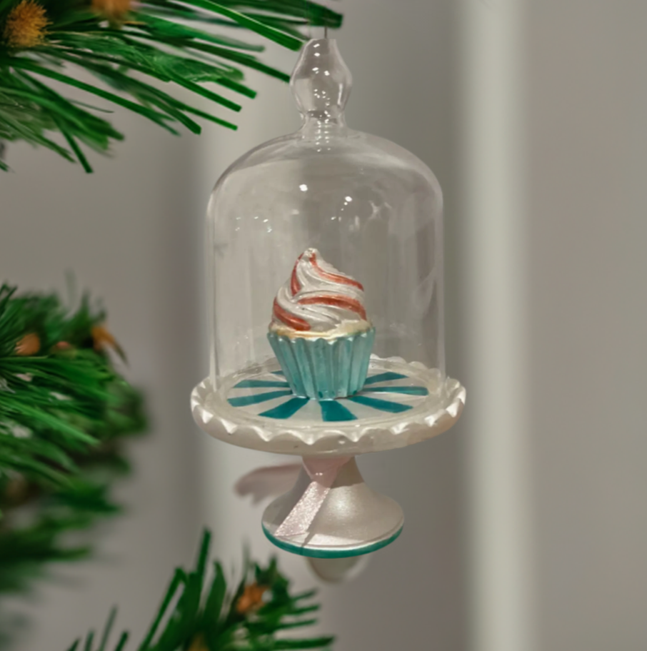 The Canton Christmas Shop Cupcake Cake Plate Glass Ornament on tree branch