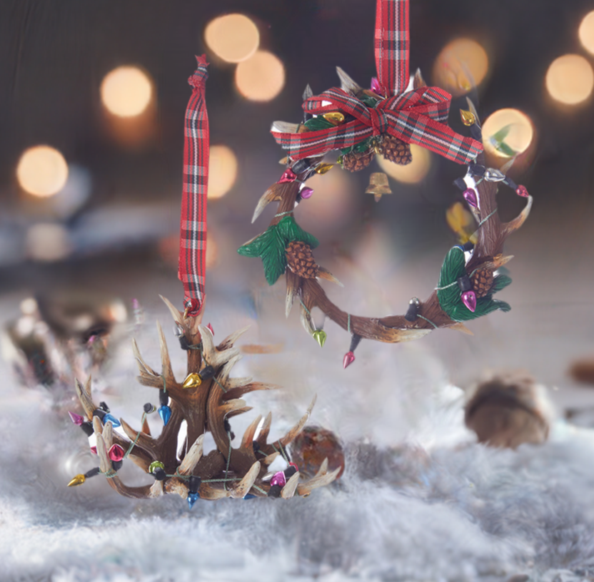 The Canton Christmas Shop Christmas Antler Chandelier and Antler Wreath with lights pinecones and plaid ribbon set of two ornaments Kurt Adler