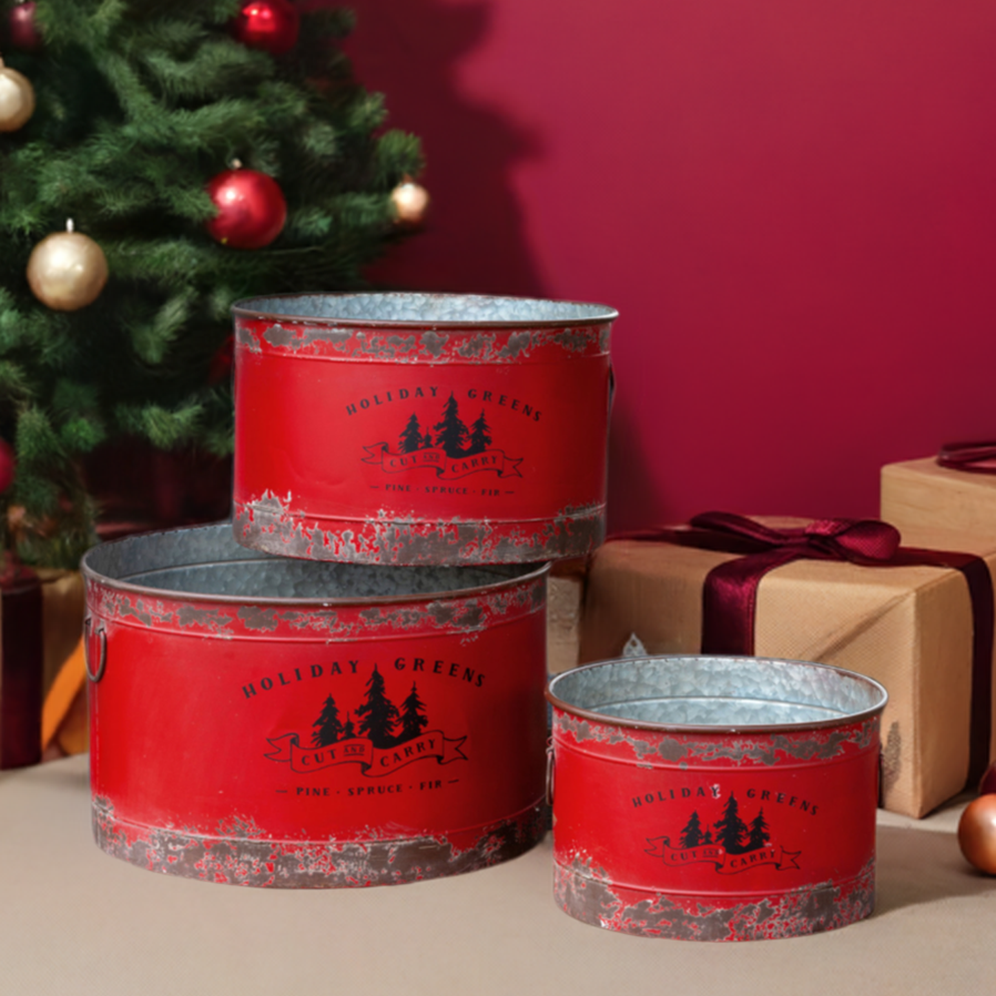 The Canton Christmas Shop Antique Red Metal Tree Pots, Assorted Sizes Holiday Greens Cut and Carry Tin