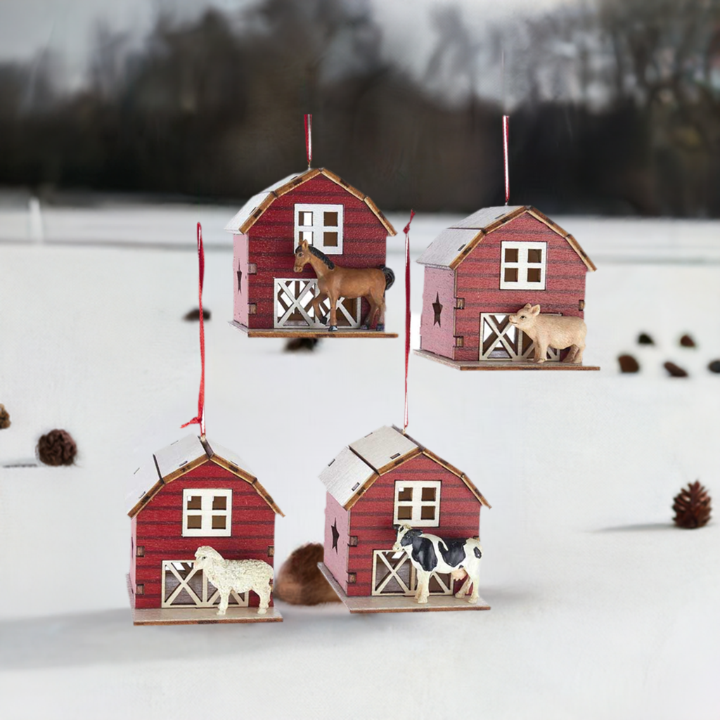 The Canton Christmas Shop Laser Cut Wood Barn with Sheep Cow Horse Pig Ornament by Kurt Adler