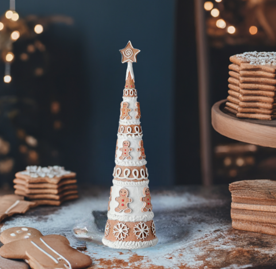 The Canton Christmas Shop 15 inch Frosted Gingerbread Cone Christmas Tree Decoration on kitchen table