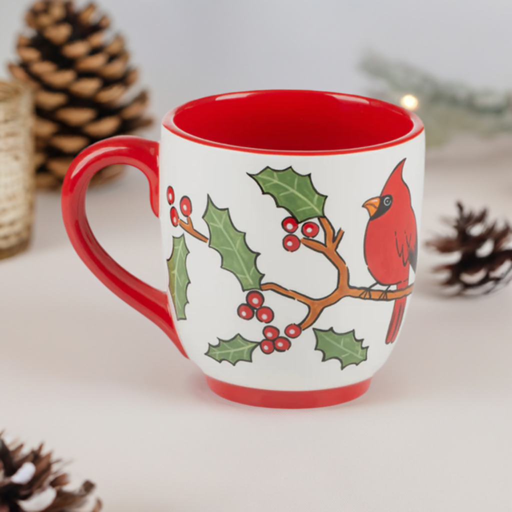 The Canton Christmas Shop Cardinal Red Bird Mug Christmas Hand painted on kitchen counter