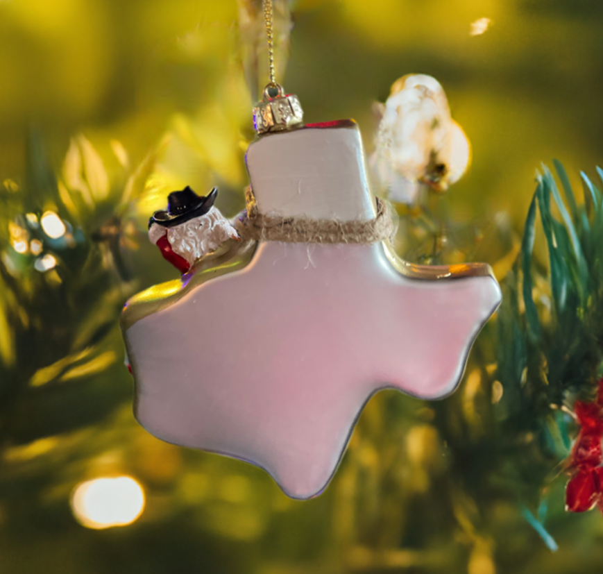 The Canton Christmas Shop Glass Texas Santa Handpainted Ornament by Kurt Adler 4 1/2" glass ornament hanging on Christmas Tree