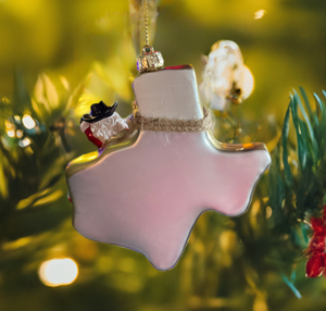 The Canton Christmas Shop Glass Texas Santa Handpainted Ornament by Kurt Adler 4 1/2" glass ornament hanging on Christmas Tree back view