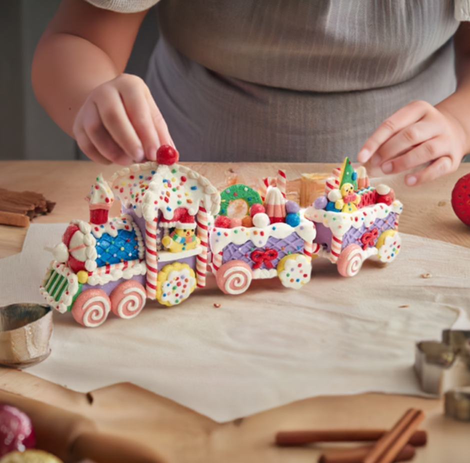 The Canton Christmas Shop 14.4" Gingerbread Claydough Train Set by Kurt Adler on kitchen counter