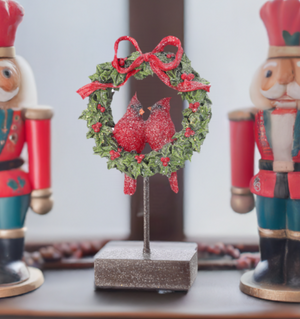 The Canton Christmas Shop Frosted 12 inch Cardinal Couple with Wreath and Holly Berries Red Ribbon and Christmas Bow on Stand Glittered Snow on mantle