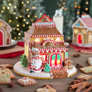 The Canton Christmas Shop 7 1/2" Claydough Lighted Gingerbread Shop on Christmas kitchen tabletop