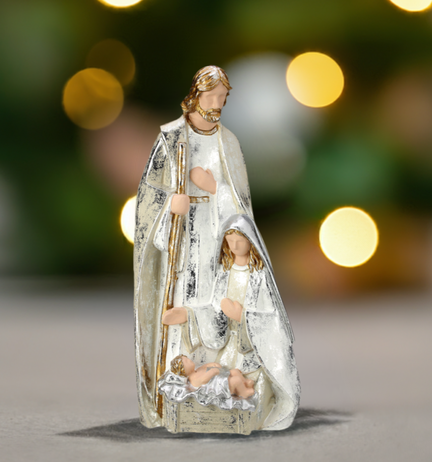 The Canton Christmas Shop 19 1/2" Paperstone Metallic Holy Family Nativity Set under Christmas tree