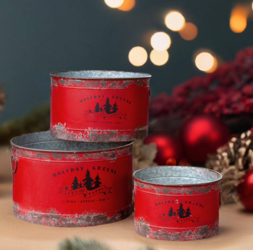 The Canton Christmas Shop Antique Red Metal Tree Pots, Assorted Sizes Holiday Greens Cut and Carry Tin