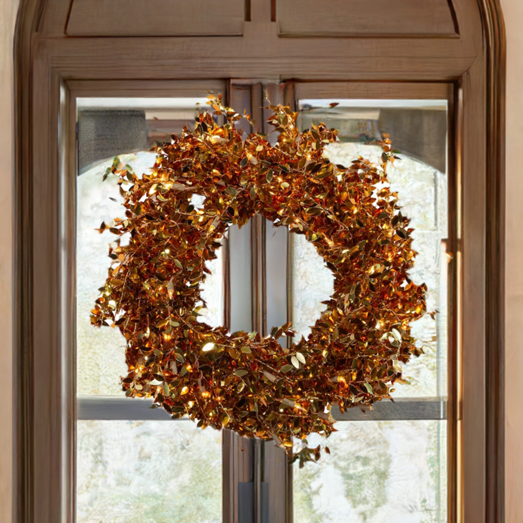 The Canton Christmas Shop 24" Pre-lit Gold Foil Wreath on door