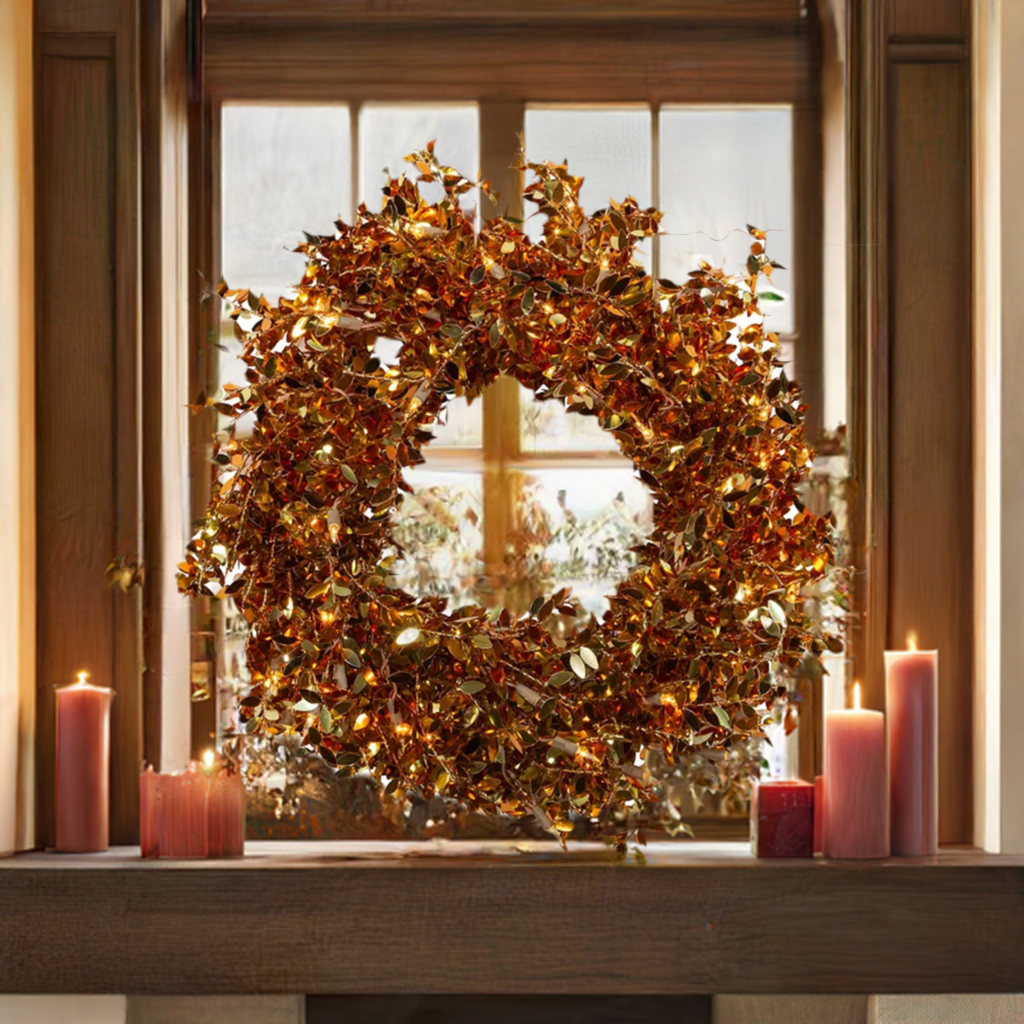 The Canton Christmas Shop 24" Pre-lit Gold Foil Wreath on window