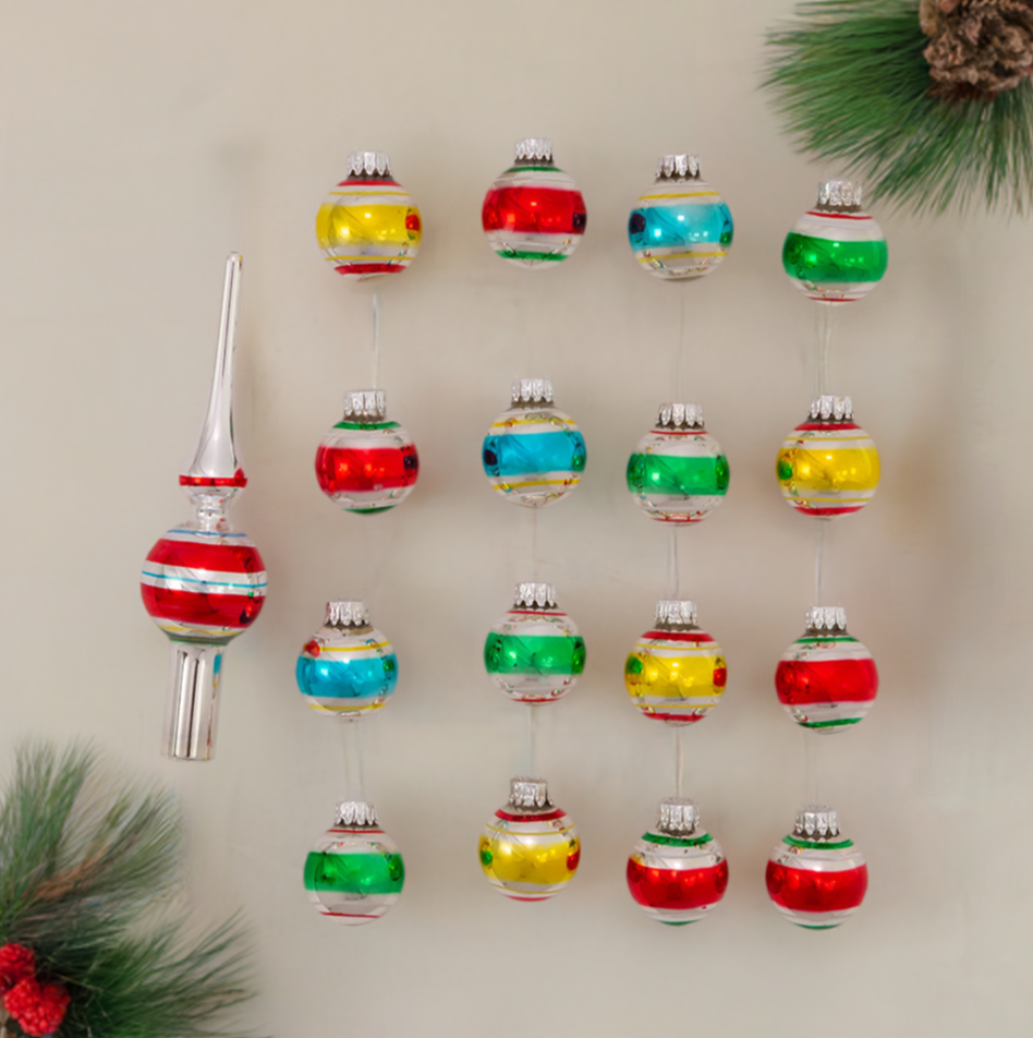 The Canton Christmas Shop Kurt Adler The Early Years Mini Glass Ornament Set of 17 on table