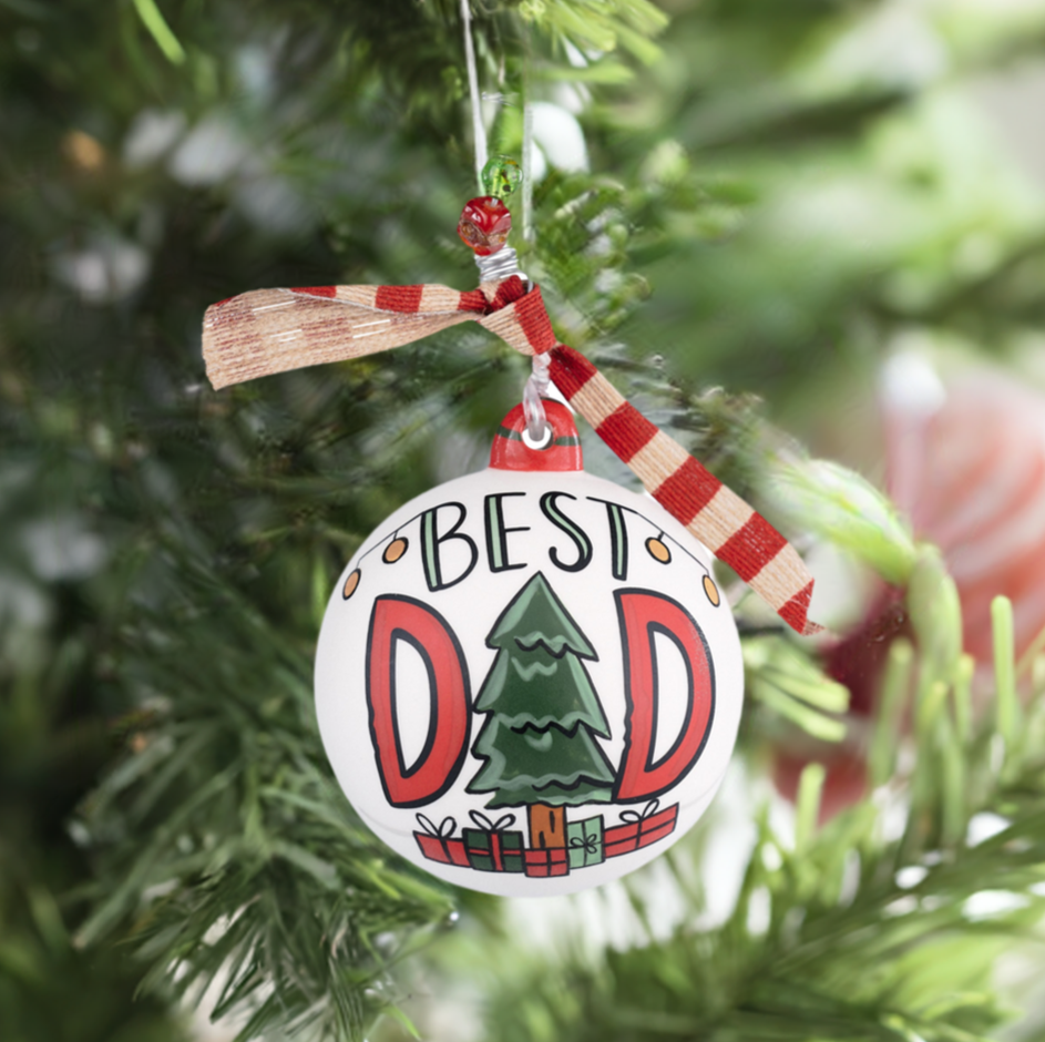 The Canton Christmas Shop Best Dad Christmas Ornament by Glory Haus Front View on tree branch