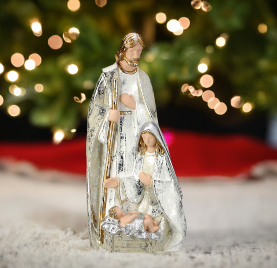 The Canton Christmas Shop 19 1/2&quot; Paperstone Metallic Holy Family Nativity Set under Christmas tree