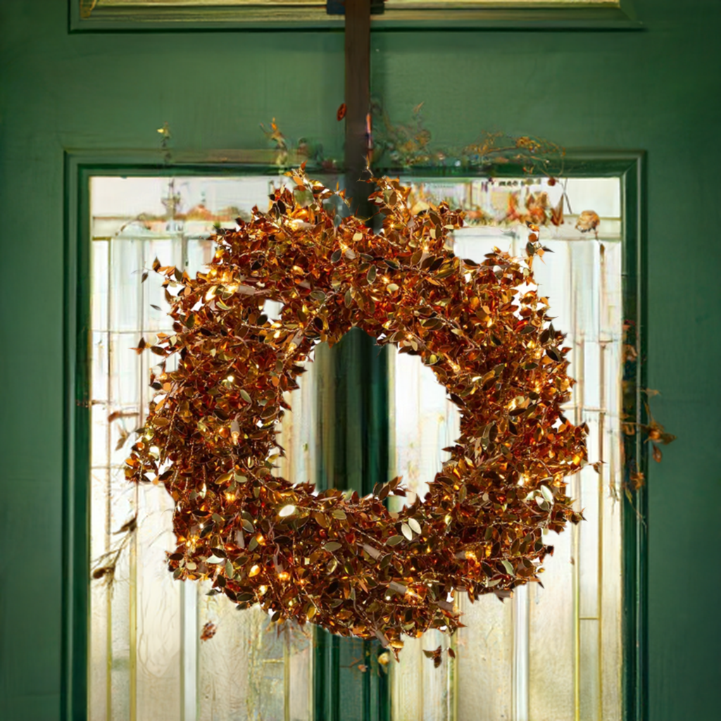 The Canton Christmas Shop 24" Pre-lit Gold Foil Wreath on window