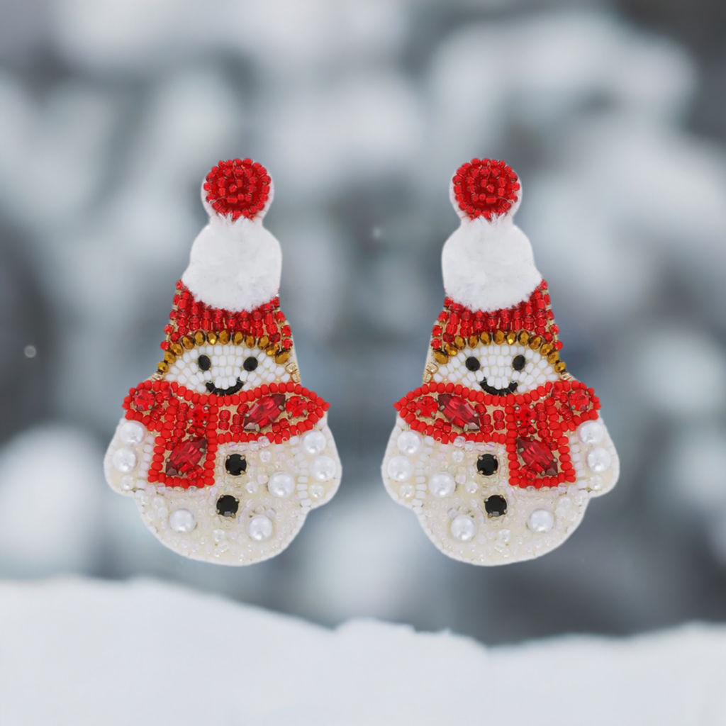 The Canton Christmas Shop Jeweled and Beaded Snowman Pom Pom Earrings Seed Bead Red and white