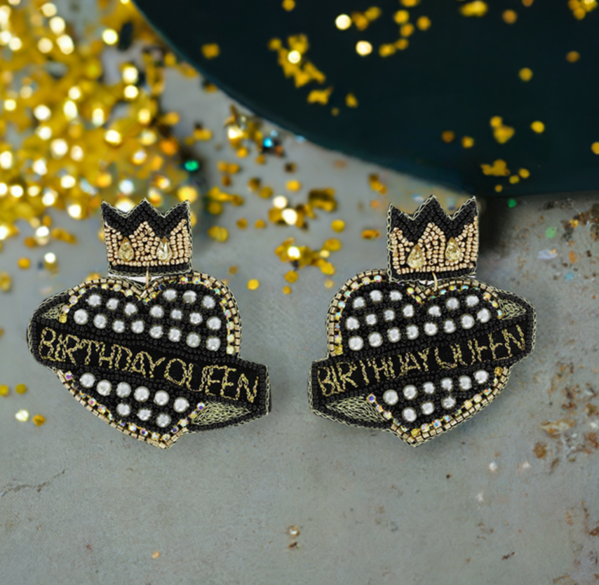 The Canton Christmas Shop Black Crown Birthday Queen Heart Earrings Seed Bead