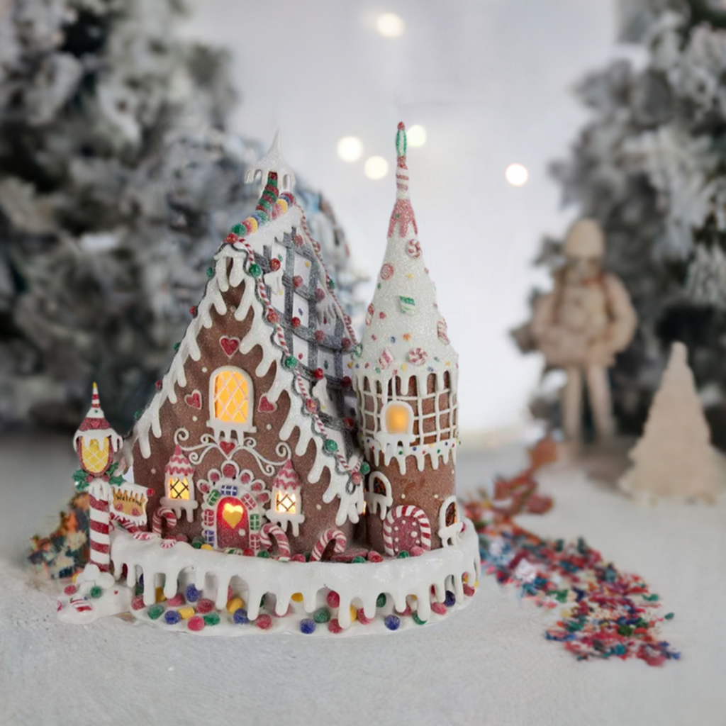 The Canton Christmas Shop 13" Pre-Lit Claydough Gingerbread Inn with C7 Bulb on tabletop