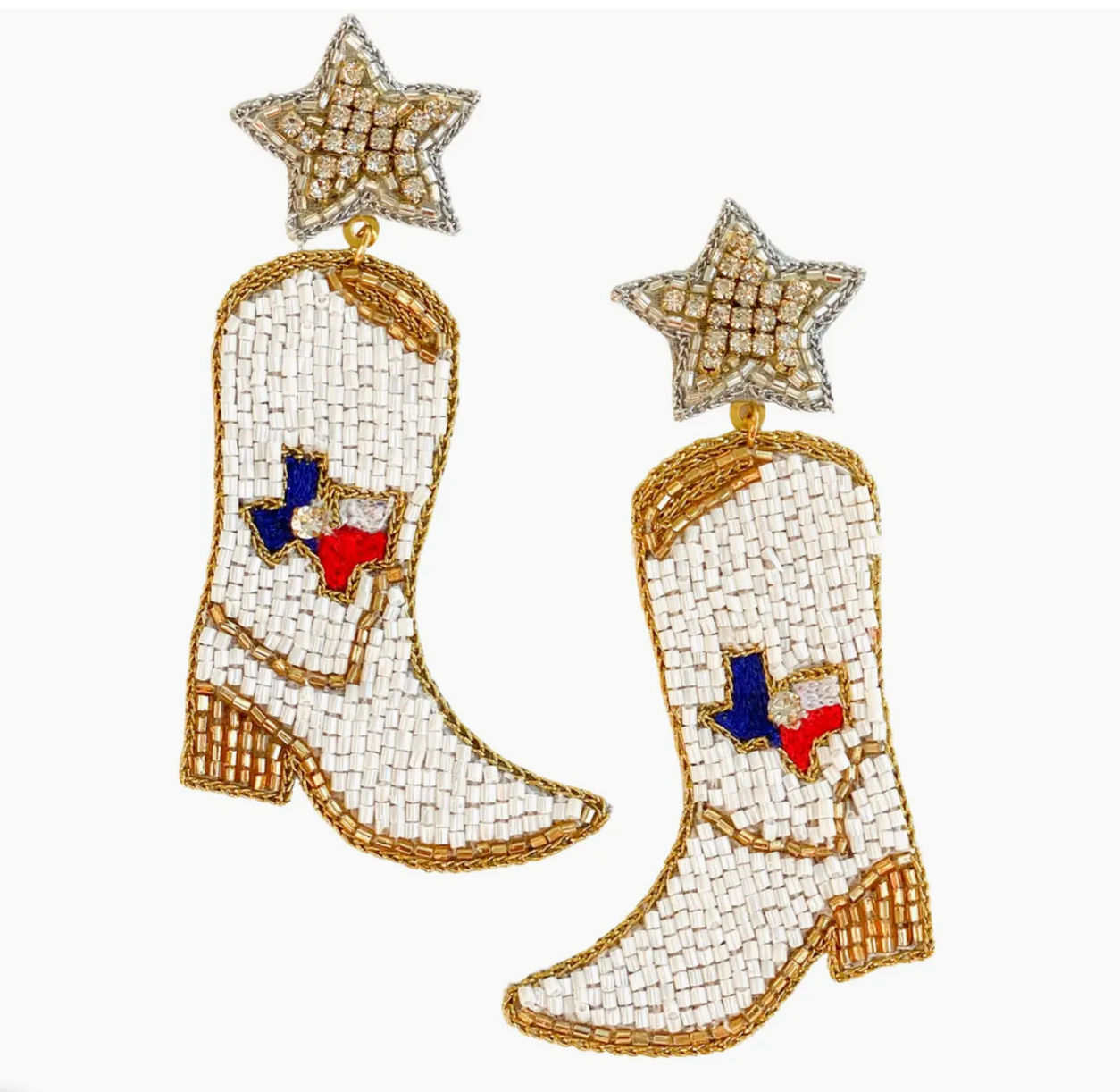 Heart of Texas Beaded and Jeweled State Cowboy Boot Earrings on model