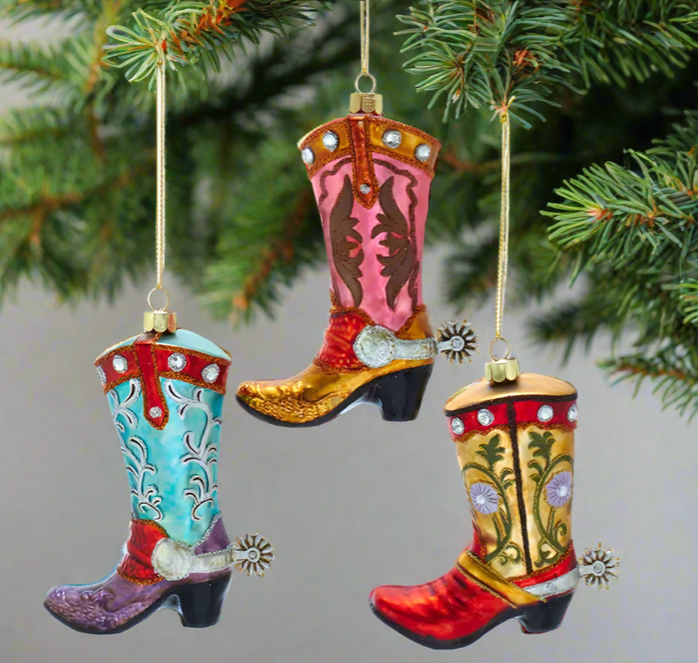 The Canton Christmas Shop Noble Gems Glass Cowboy Boot Ornaments by Kurt Adler assorted colors