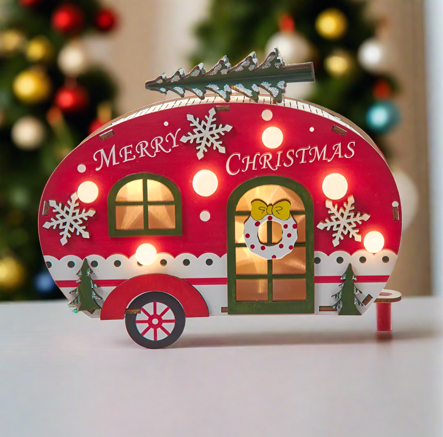 The Canton Christmas Shop 6 3/4&quot; Battery Operated Wooden Lighted Camper Van