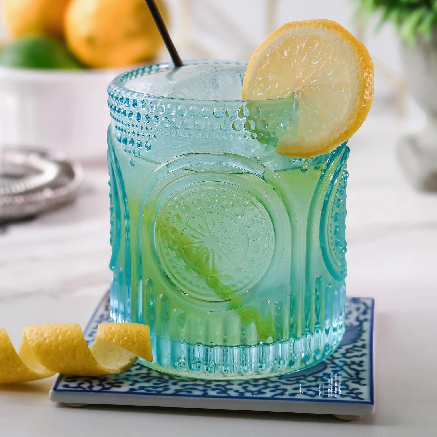 The Canton Christmas Shop Ribbed Retro Arch Aqua Blue Old Fashioned Glasses with lemonade