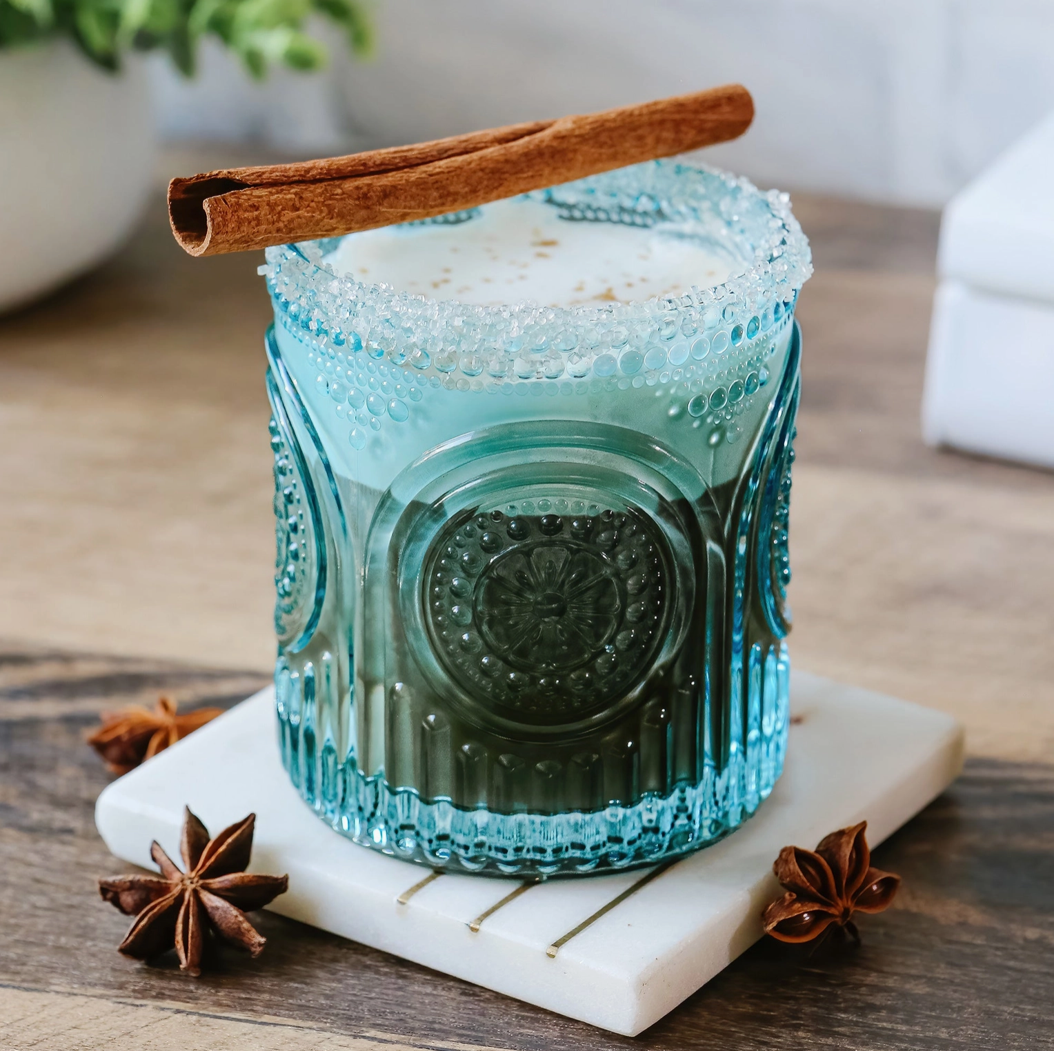 The Canton Christmas Shop Ribbed Retro Arch Aqua Blue Old Fashioned Glasses with lemonade