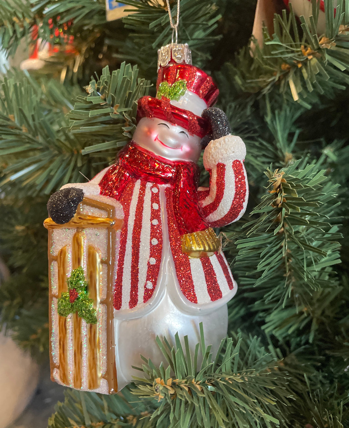 Noble Gems™ Glass Peppermint Snowman With Sled Ornament